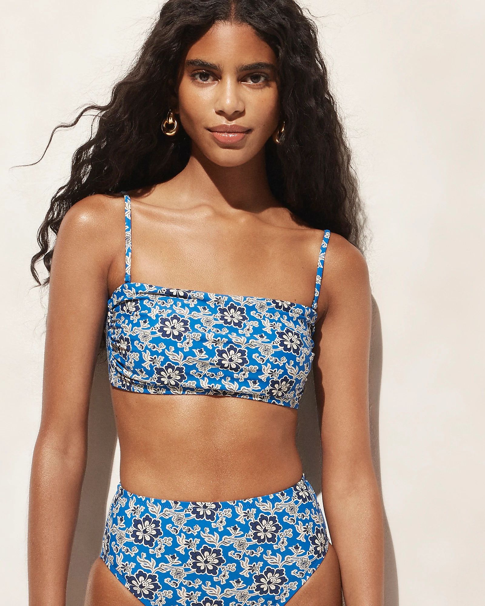 Ruched bandeau bikini top in cobalt floral | J.Crew US