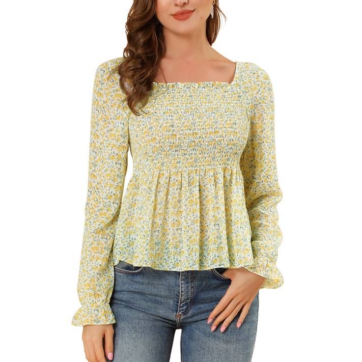 Allegra K Women's Off Shoulder Long Bell Sleeve Floral Print Smocked Blouse Top | Walmart (US)