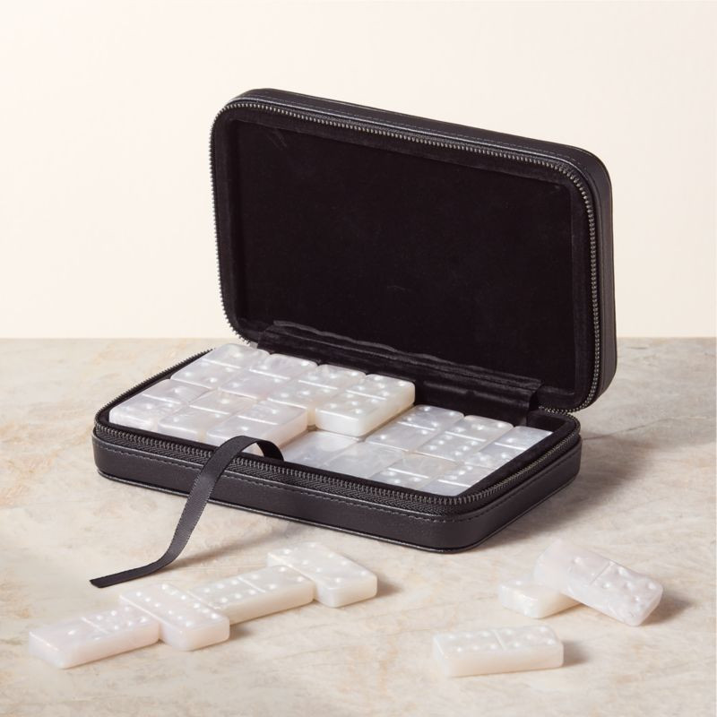 Voyage Black Leather and White Swirl Travel Domino Set | CB2 | CB2