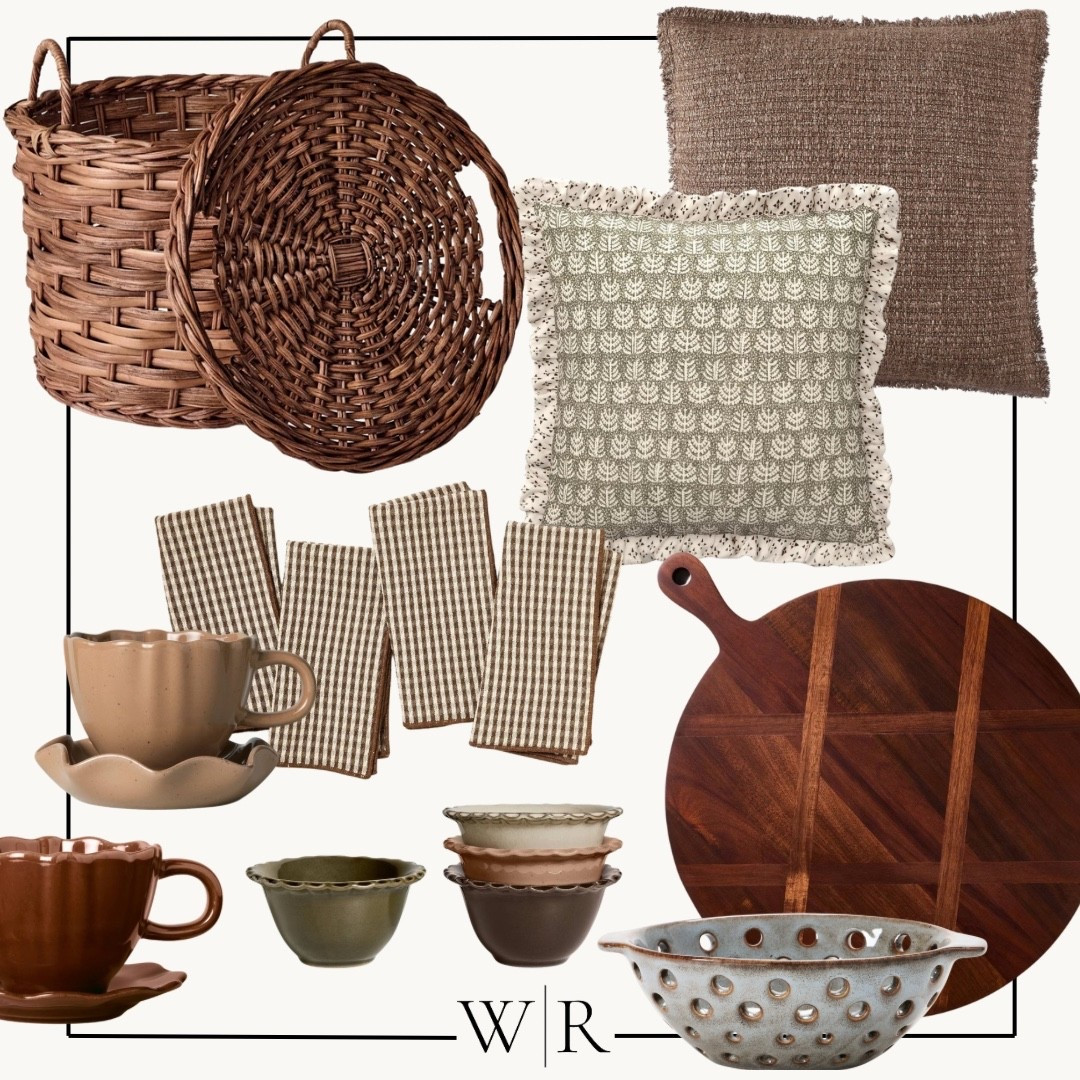 Warm browns. Fall decor. Large Brown wicker basket. Brown throw pillow. Brown and which gingham cloth napkins. Fall scaloped coffee mugs. 

#LTKFallSale #LTKSeasonal #LTKHome