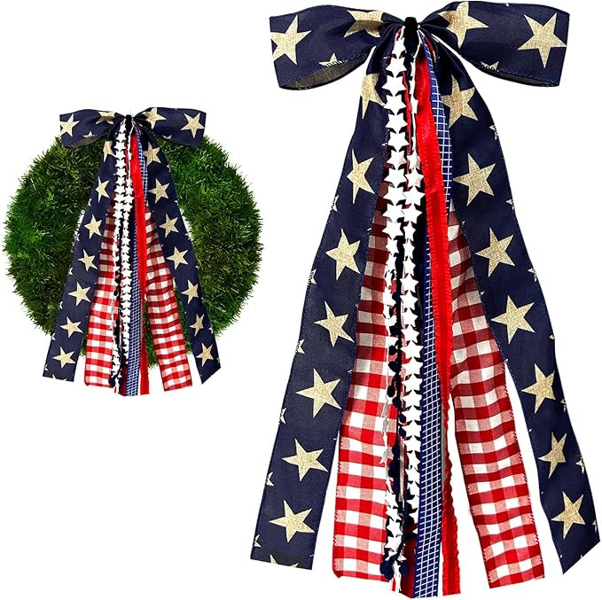 Large Patriotic Star Ribbon Bow for Wreath, Red White Buffalo Plaid Fabric Ribbons Set Assorted L... | Amazon (US)