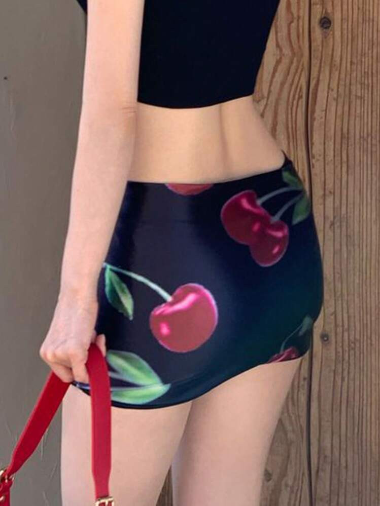 DAZY Women's Mini Cherry Fruit Print Wrapped Short Skirt, Black, All Season,Pencil Skirt | SHEIN