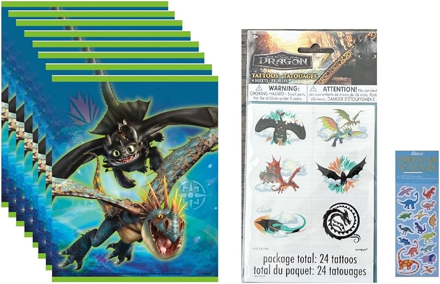 Unique How to Train Your Dragon Birthday Party Supplies Bundle Pack includes 8 Loot Bags, 24Tatto... | Amazon (US)