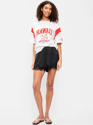 High-Waisted Lace-Trim Satin Shorts | Old Navy (US)