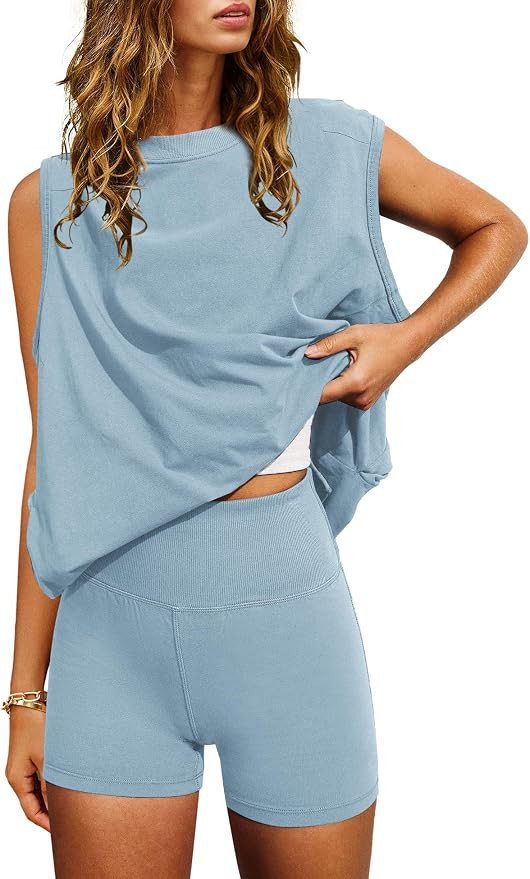 Nirovien Women 2 Piece Outfits Workout Sets Summer Matching Lounge Set Tunic Tops and Biker Short... | Amazon (US)
