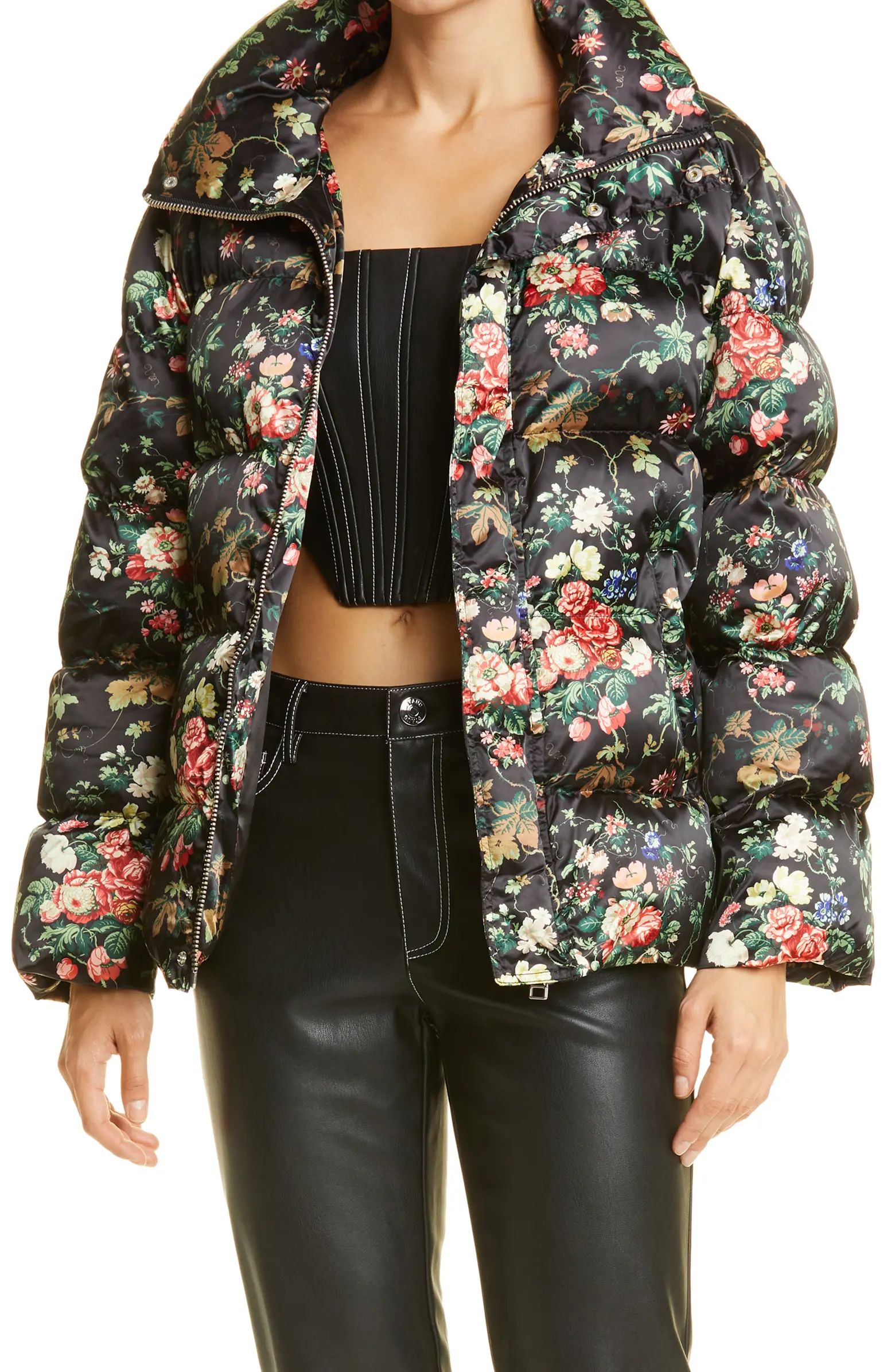 STAUD Ace Floral Print Satin Stand Collar Puffer Coat | Nordstrom | Nordstrom