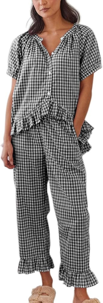 Argeousgor Women Plaid Pajama Sets 2 Piece Outfits Short Sleeve Button Down Shirt Ruffle Pants Pj... | Amazon (US)