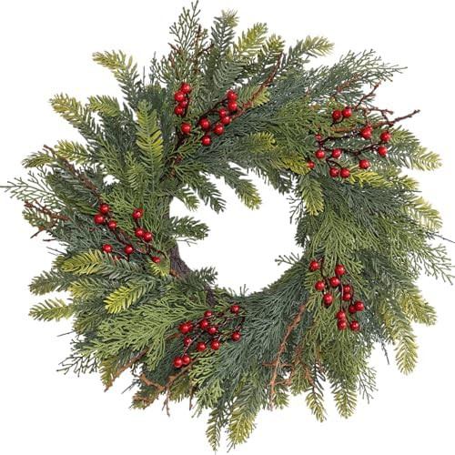 22” Green Faux Norfolk Pine Christmas Winter Wreath with Red Berry – Mixed with Real Touch Fa... | Amazon (US)