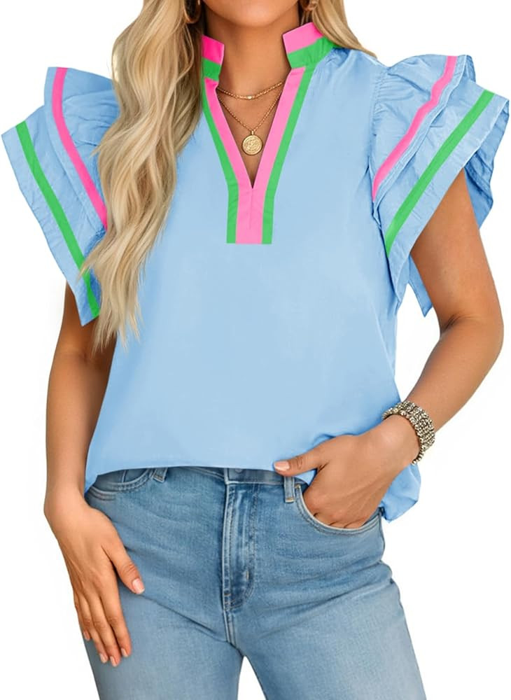 Cicy Bell Womens Ruffle Cap Sleeve Tops Color Block V Neck Dressy Casual Blouses Summer Pleated L... | Amazon (US)