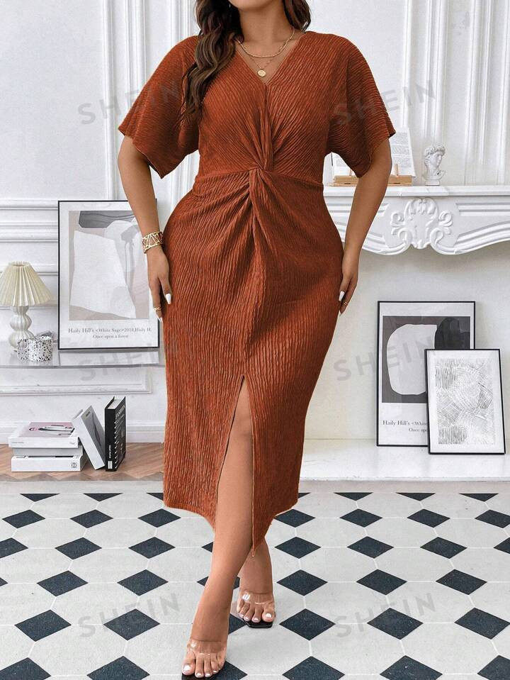 SHEIN Privé Plus Twist Front Split Thigh Dress | SHEIN