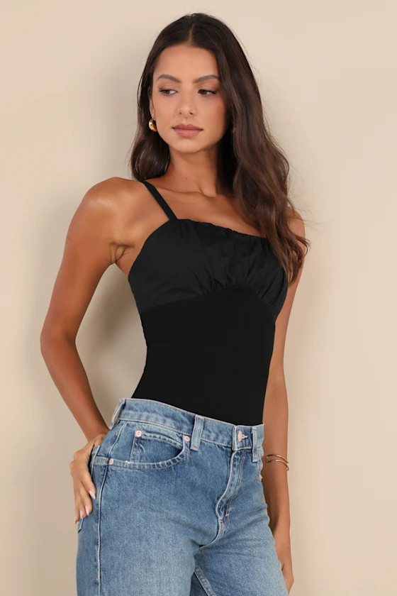 Breezy Smiles Black Poplin Ribbed Knit Cami Top | Lulus
