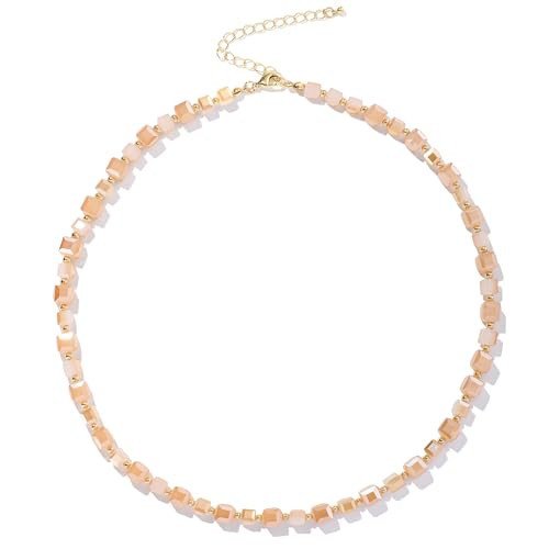 LALAPPLE Colorful Beaded Gemstone Necklace for Women, Boho Rainbow Bead Choker with Natural Stone Crystal Beads, Handmade Summer Beach Necklace Jewelry (Q-beige) | Amazon (US)