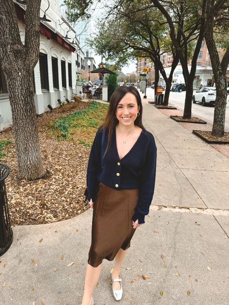 Rag and bone navy cardigan sweater (xs), Vince satin silk chocolate dark brown midi skirt (xs), Sam Edelman metallic ballet Mary Jane flats (tts)



#LTKfindsunder100 #LTKstyletip #LTKSeasonal