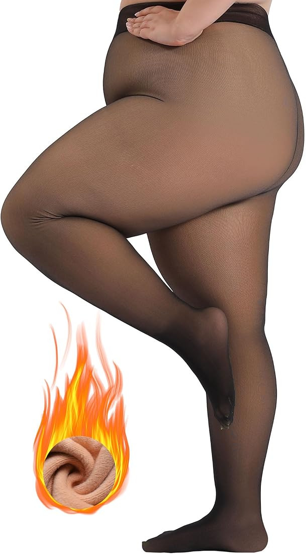 Plus Size Fleece Lined Tights for Women, Fake Translucent Warm Winter Leggings, Control Top Therm... | Amazon (US)