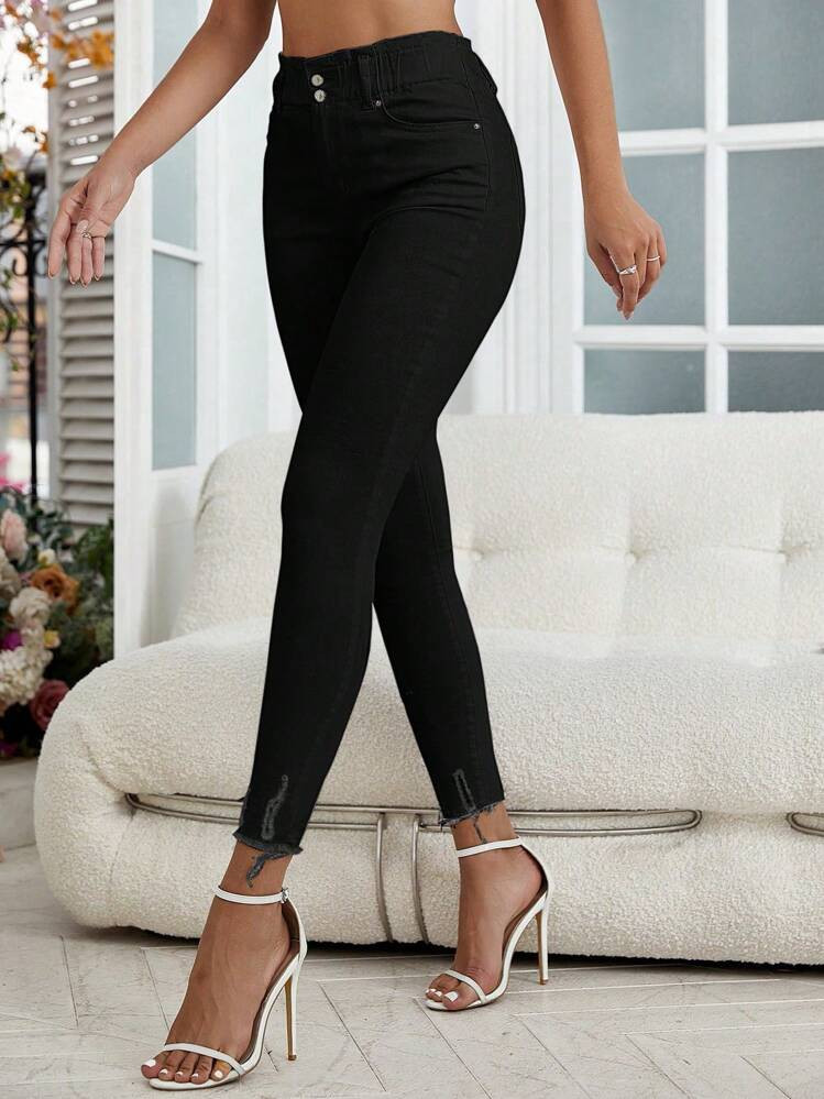 EMERY ROSE Women's Pocket Decor Frayed Hem Skinny Casual Jeans Pants | SHEIN