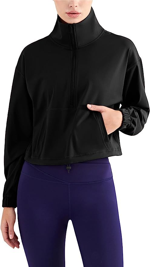 Tanming Women's Cropped Workout Running Track Jackets 1/2 Zip Pullover Athletic Gym Jackets | Amazon (US)