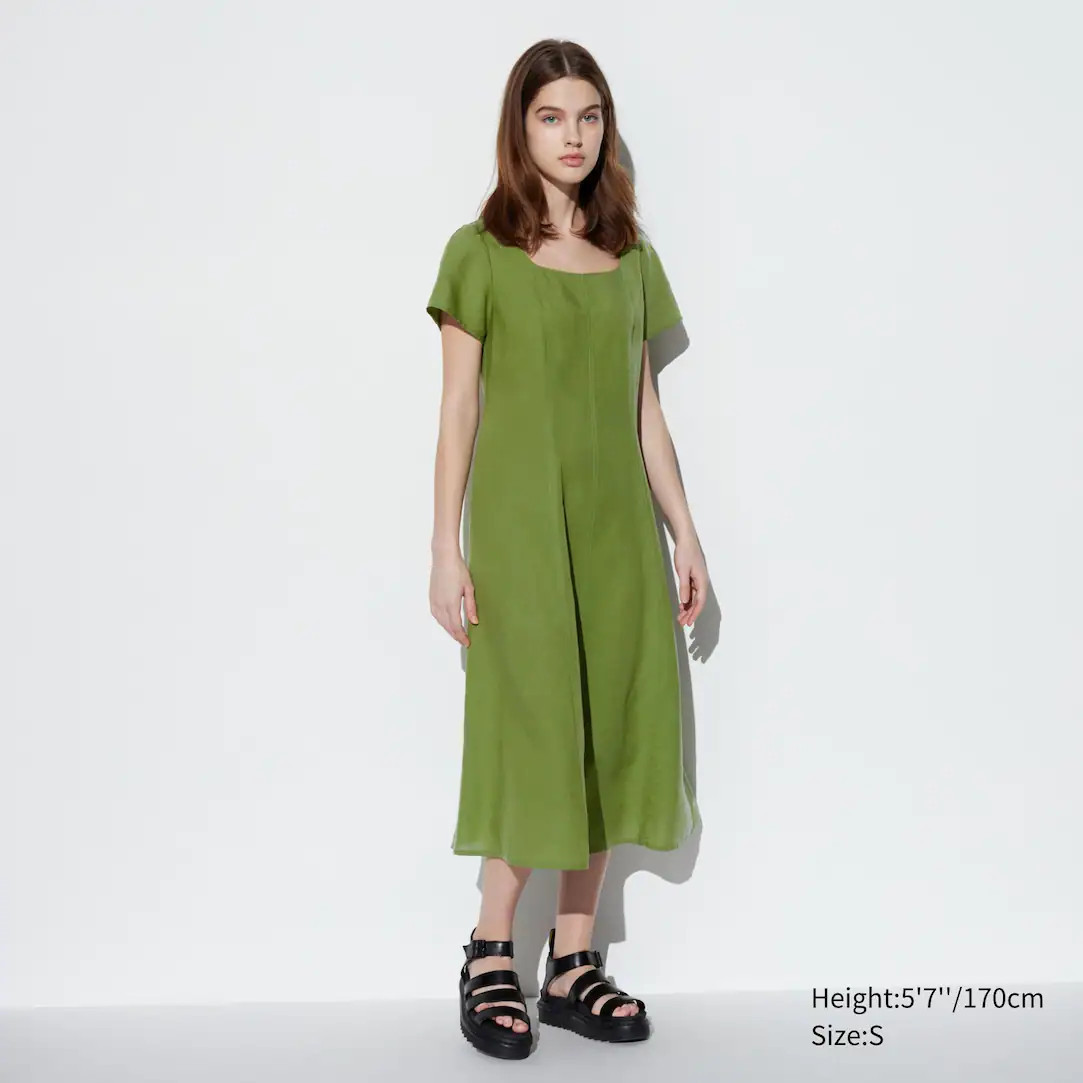 Linen Blend Square Neck Short Sleeved Dress | UNIQLO (UK)