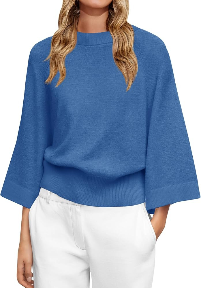 Saodimallsu Womens Crew Neck Batwing Sweaters 3/4 Sleeve Soft Knit Dressy Casual Loose Fit Fall S... | Amazon (US)