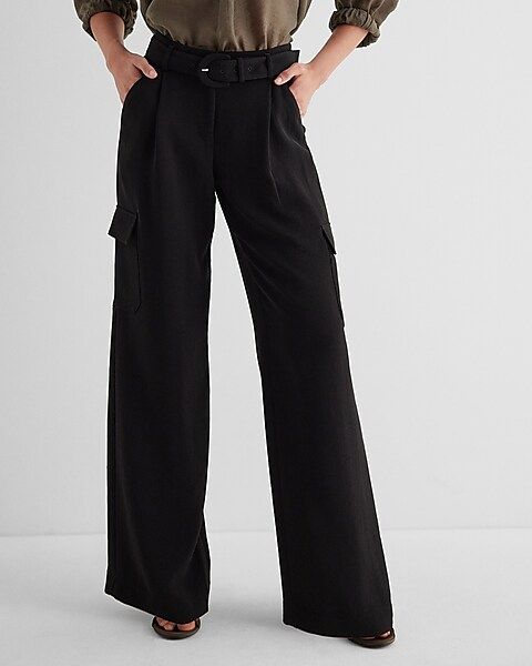 High Waisted Pleated Belted Utility Trouser Pant | Express