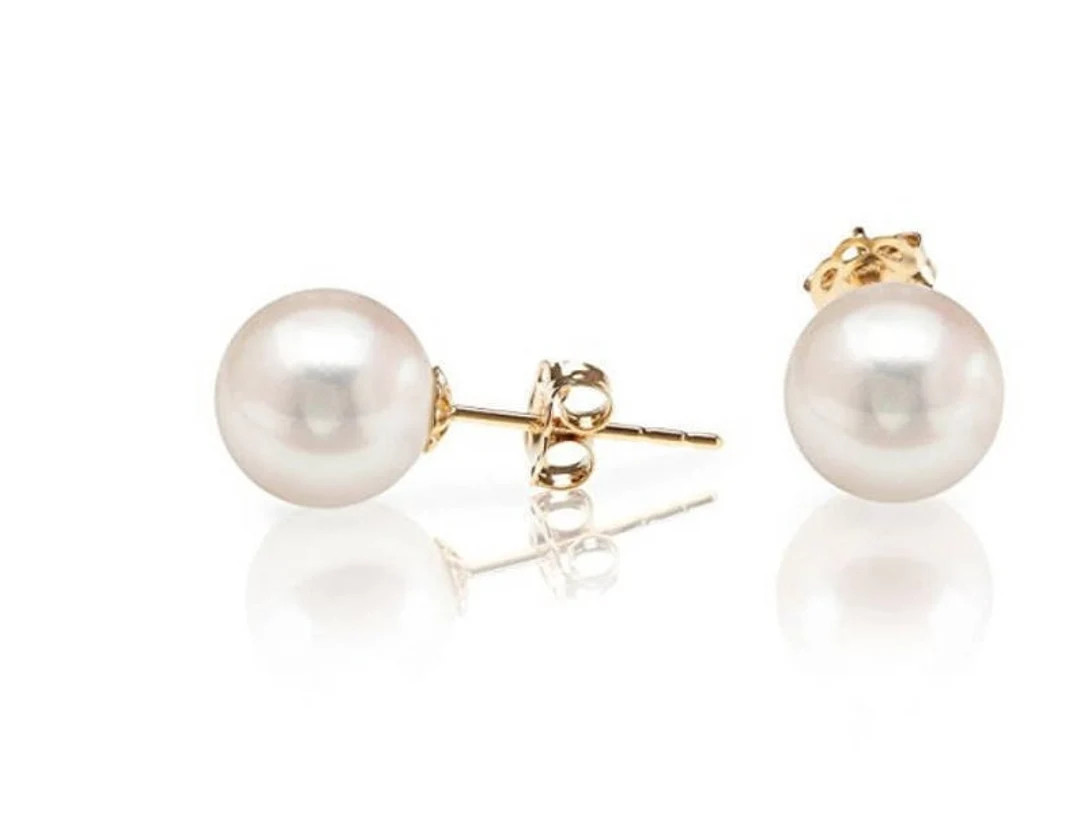 14K Handmade Solid Gold Genuine White Pearl Pushback Earrings - Etsy | Etsy (US)