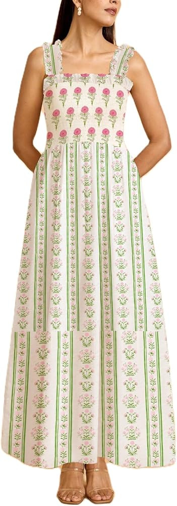Women Y2k Floral Smocked Maxi Dress Ruffle Strap Square Neck Tiered Flowy Long Dress A Line Boho ... | Amazon (US)