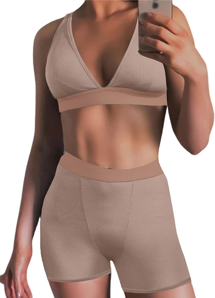 Ekaliy Women's Workout Outfit 2 Pieces High Waist Bodycon Yoga Leggings and Sleeveless Crop Top G... | Amazon (US)