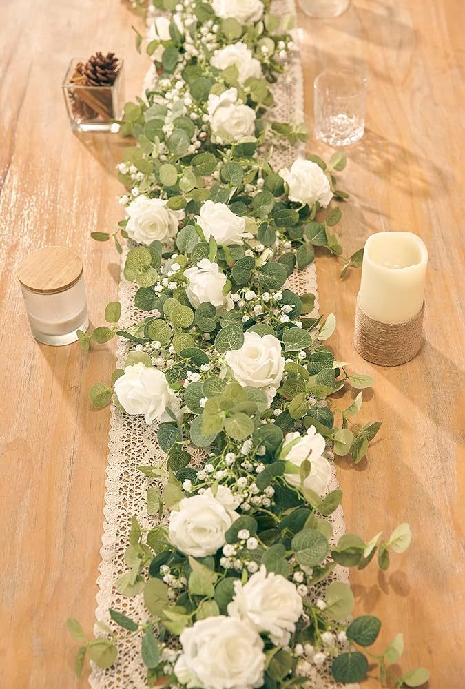 Anna's Whimsy 5.91FT Artificial Eucalyptus Garland with Flowers, Fake Rose Gypsophila Garland, Fa... | Amazon (US)