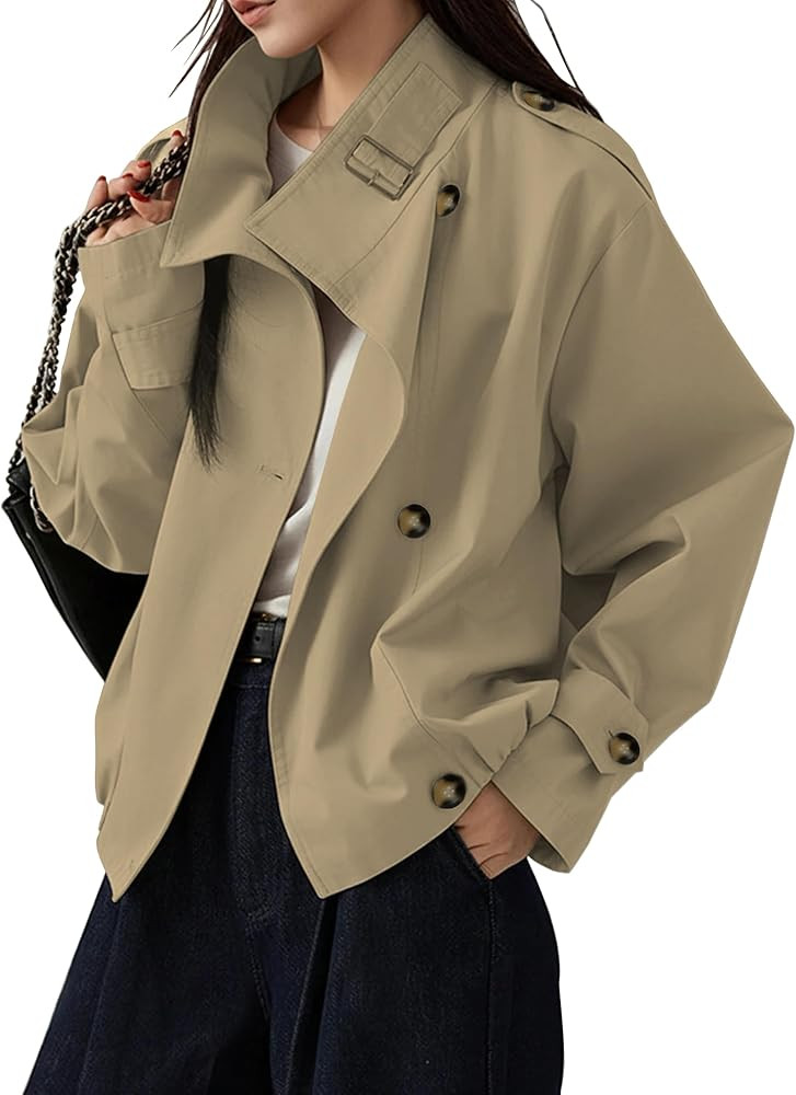 Megfie Jackets for Women Vintage Trench Coat Funnel Neck Cropped Jackets | Amazon (US)