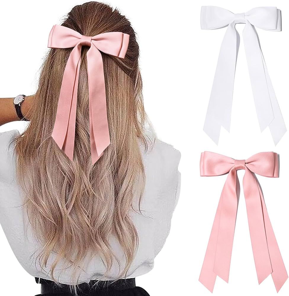 2PCS Silky Satin Hair Bows Hair Clip Pink White Hair Ribbon Ponytail Holder Accessories Slides Me... | Amazon (US)