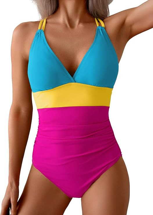 Women's One Piece Color Block Swimsuit Tummy Control Slimming Bathing Suit V Neck Cutout High Wai... | Amazon (US)