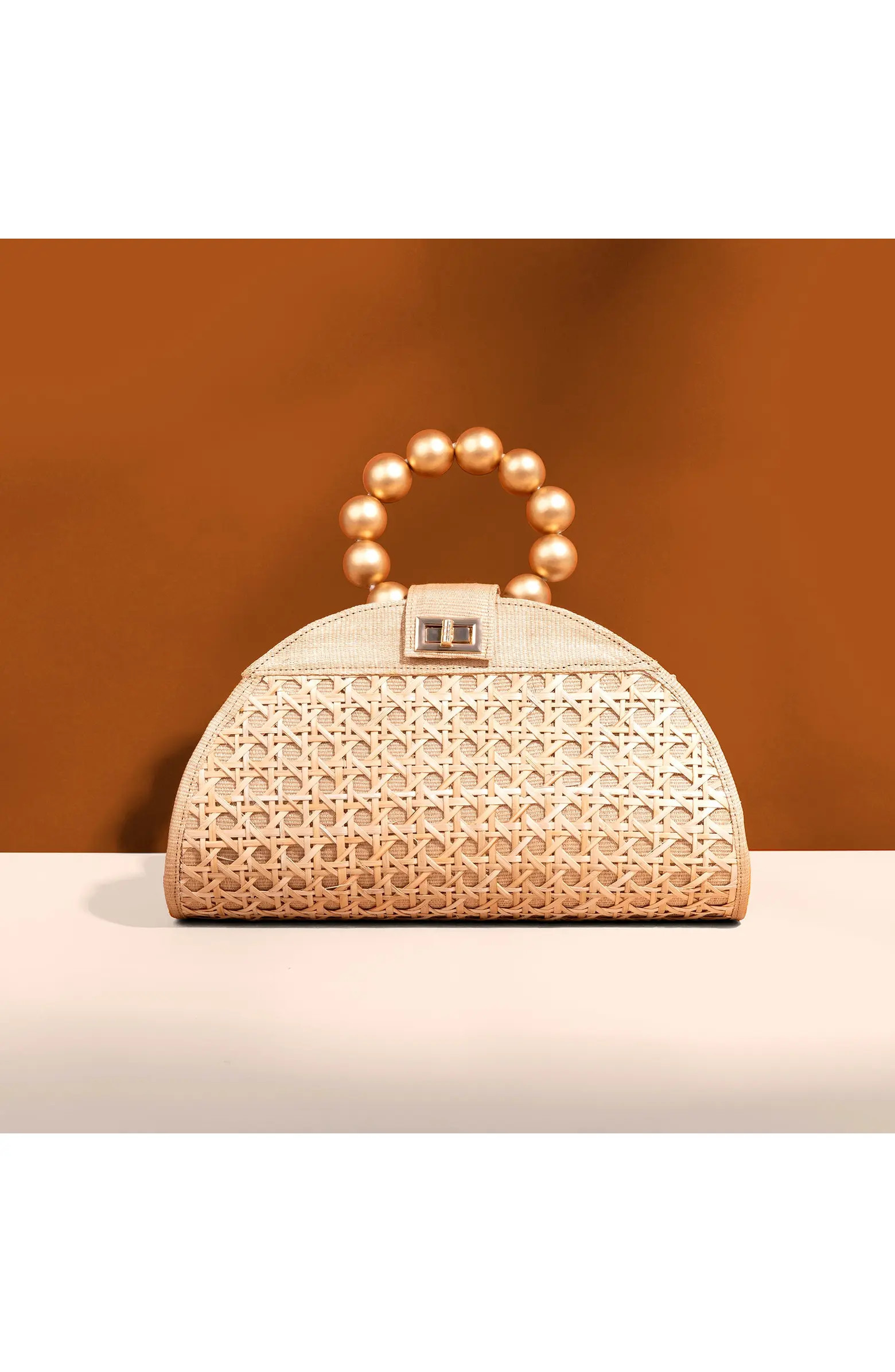 THE ISABELLA Tan Rattan Solihiya Weave and Gold Bead Top Handle Statement Bag | Nordstrom