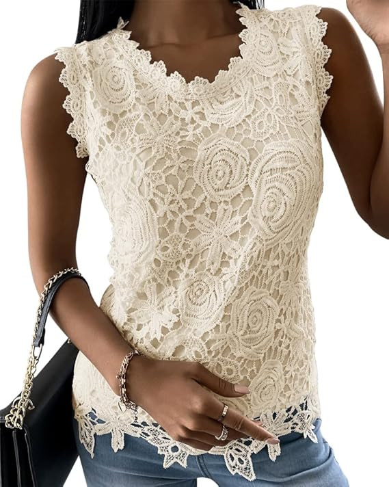 Womens Lace Tank Top Blouse Sleeveless Summer Casual Crew Neck Slim Fit Hollow Out Shirt | Amazon (US)