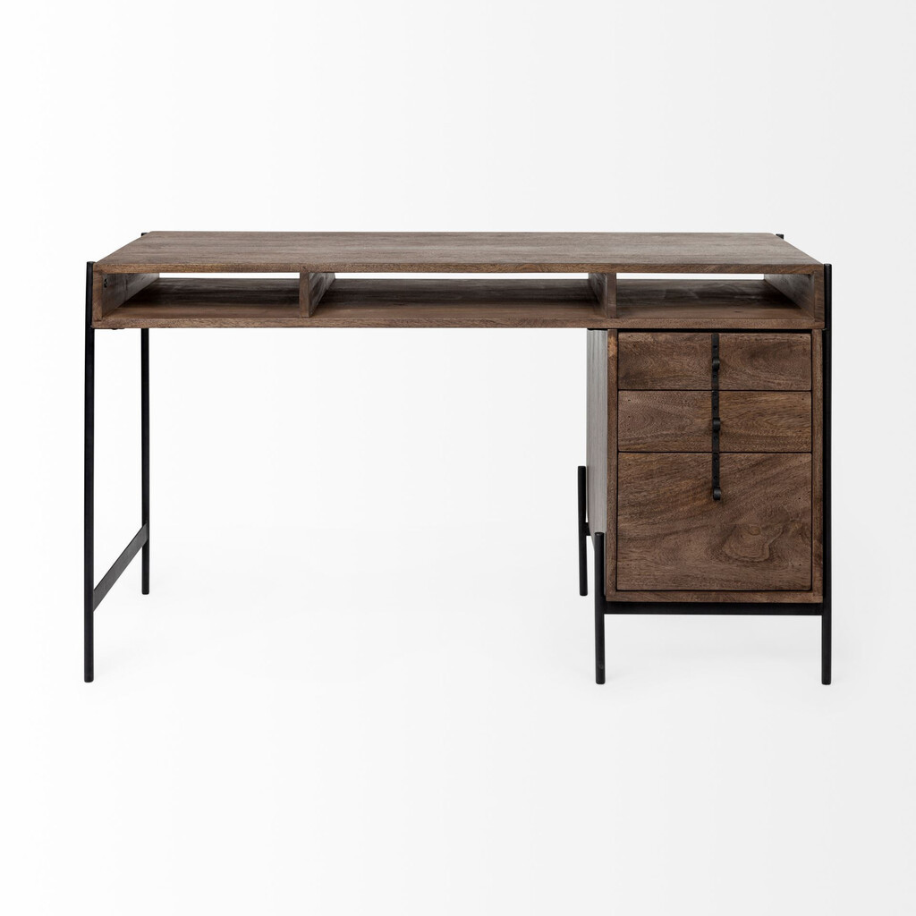 Wooden Writing Desk with 3 Drawers and 3 Open Shelves In Medium Brown | 1stopbedrooms