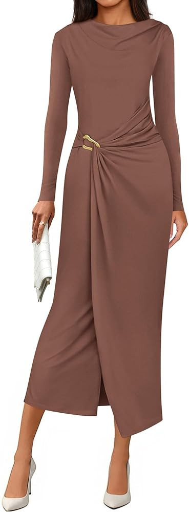 PRETTYGARDEN Women's Fall Wedding Guest Cocktail Midi Dresses Elegant Long Sleeve Bodycon Ruched ... | Amazon (US)