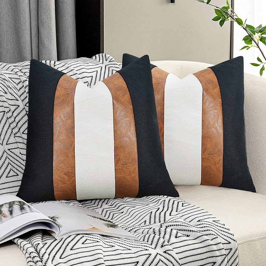JASEN Black and White Leather Throw Pillow Covers Brown Faux Leather Decorative Pillow Cover Boho... | Amazon (US)