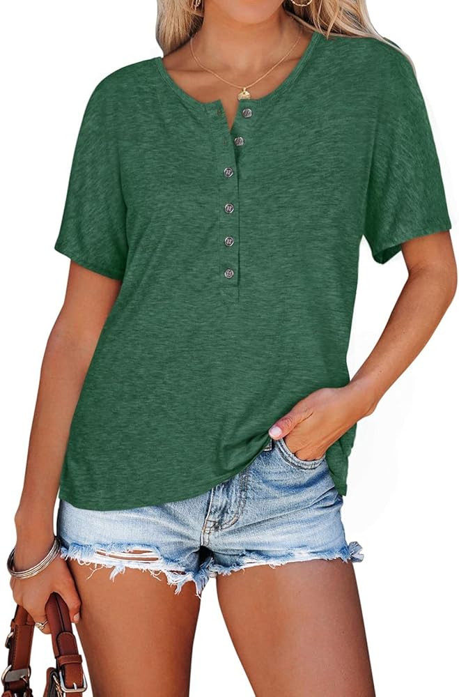 Adreamly Womens Button Down Shirt V Neck Henley Loose Casual Tops Short Sleeve Blouses | Amazon (US)