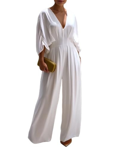 CHICME Women's V-Neck Half Sleeve Ruched Jumpsuit Casual Flowy Wide Leg Pants One Piece Jumpsuit White-XL | Amazon (US)
