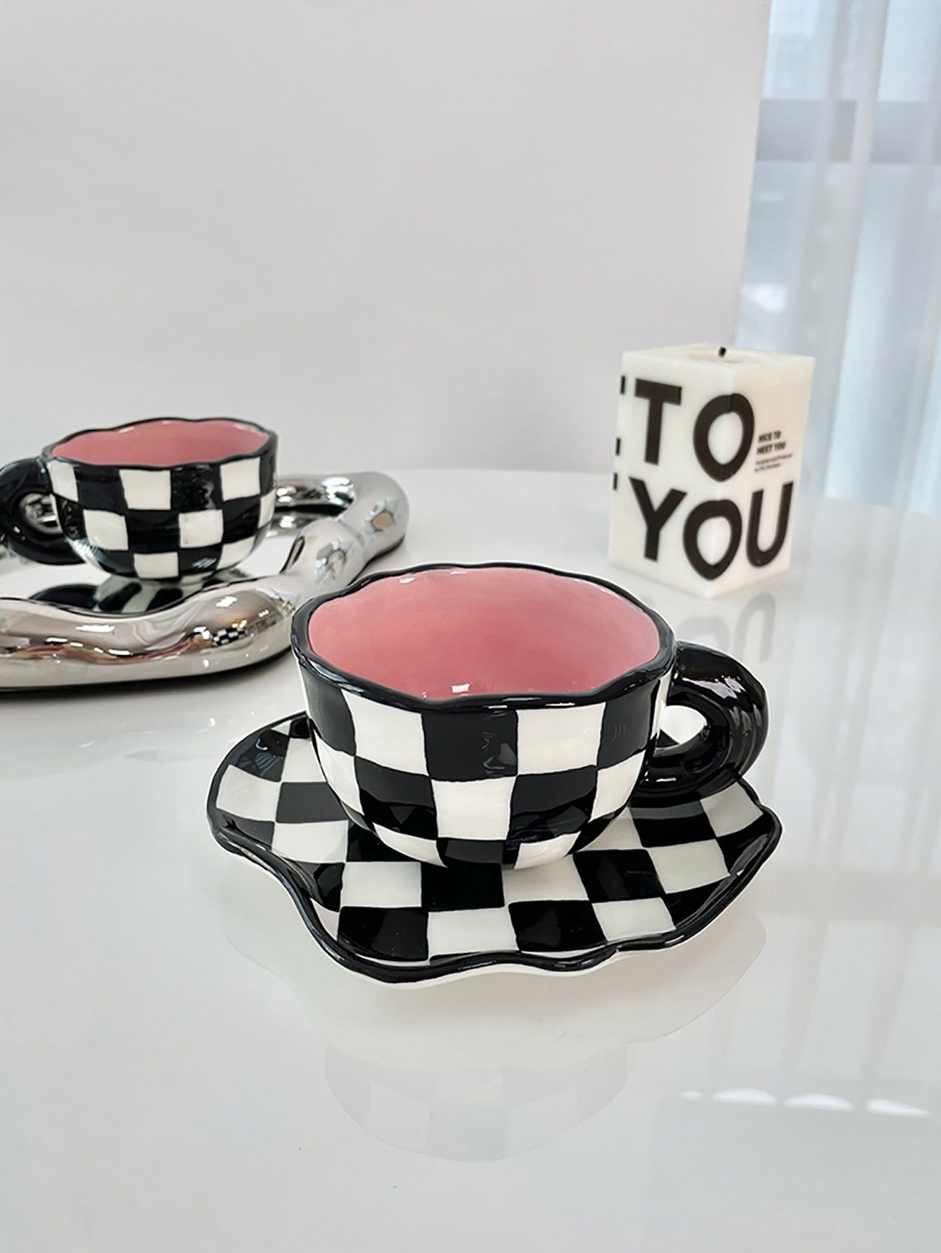 Lovely Black Plaid Pattern Cup And Saucer Set | SHEIN