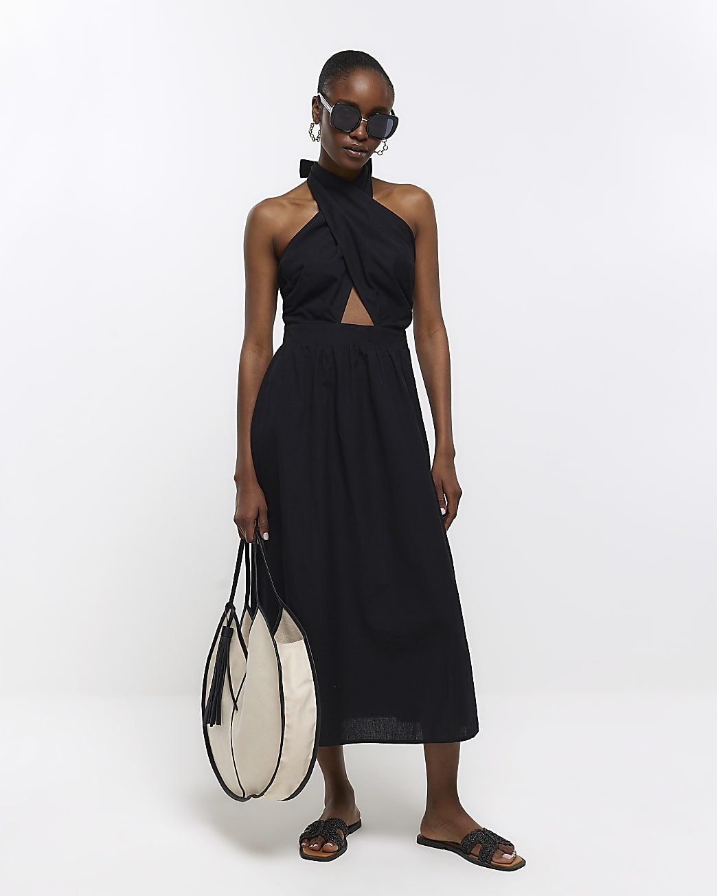 Black linen halter neck midi dress | River Island (UK & IE)