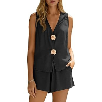 Wenrine Womens Summer 2 Piece Outfits V Neck Tank Tops Casual Loose Shorts Sets Shell Decor Match... | Amazon (US)