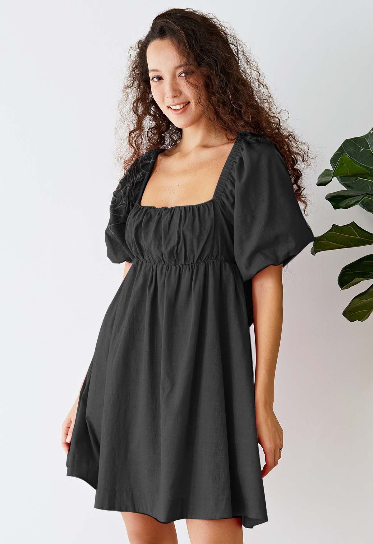 Square Neck Puff Sleeves Tie-Back Dress in Black | Chicwish