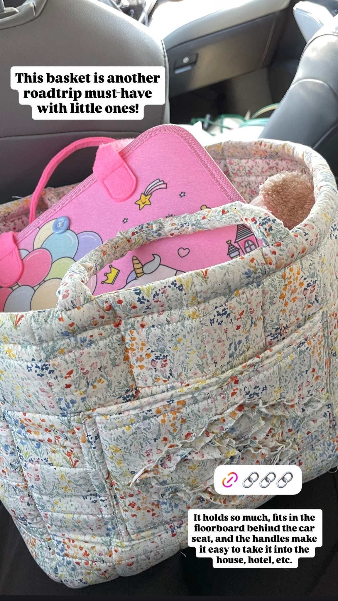 This basket is another roadtrip must-have with little ones! It holds so much, fits in the floorboard behind the car seat, and the handles make it easy to take it into the house, hotel, etc.