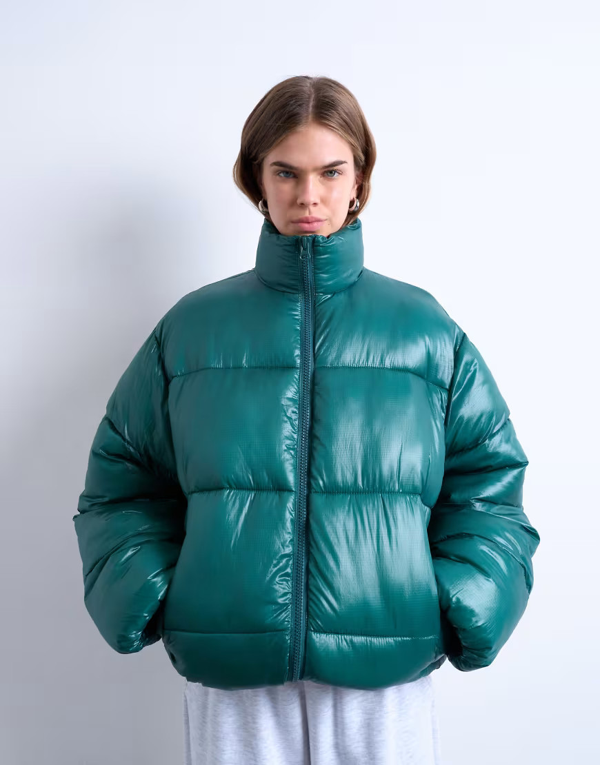 Topshop high shine mid length funnel neck puffer jacket in teal-Green | ASOS (Global)