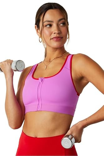 Fabletics Women's Front Zip High Impact Sports Bra, Electric Orchid Neon/Heated Red, XS | Amazon (US)