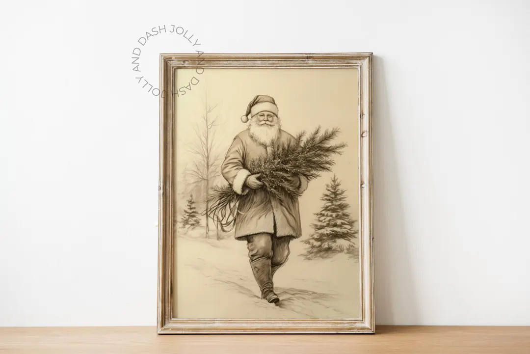 Vintage Santa Tree Sketch Print Christmas Decor Neutral Wall Art Beige Poster Antique Holiday Dra... | Etsy (US)
