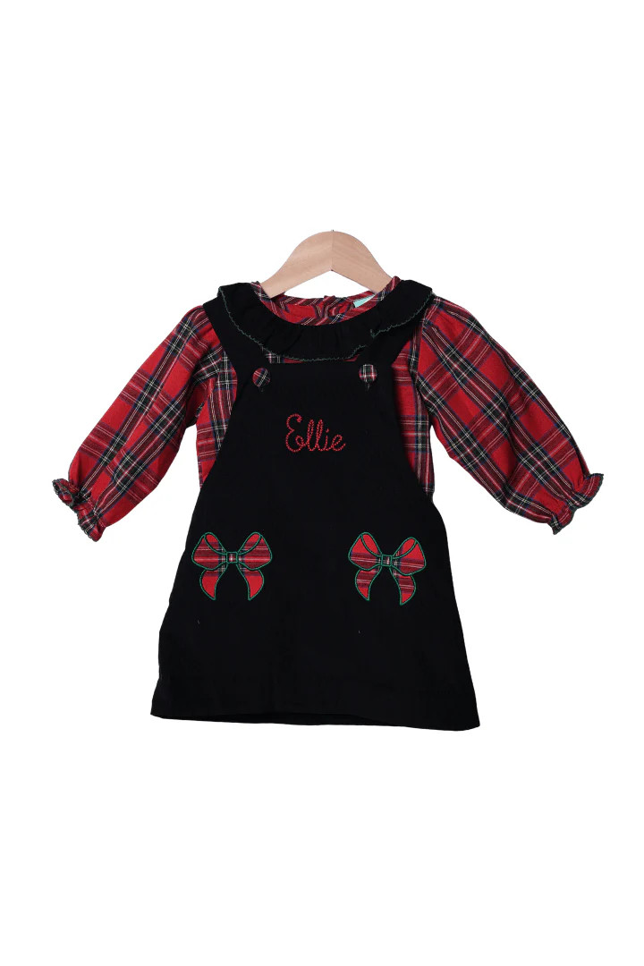 Christmas Tartan Plaid Bow Black Corduory 2pcs. Dress | The Smocked Flamingo