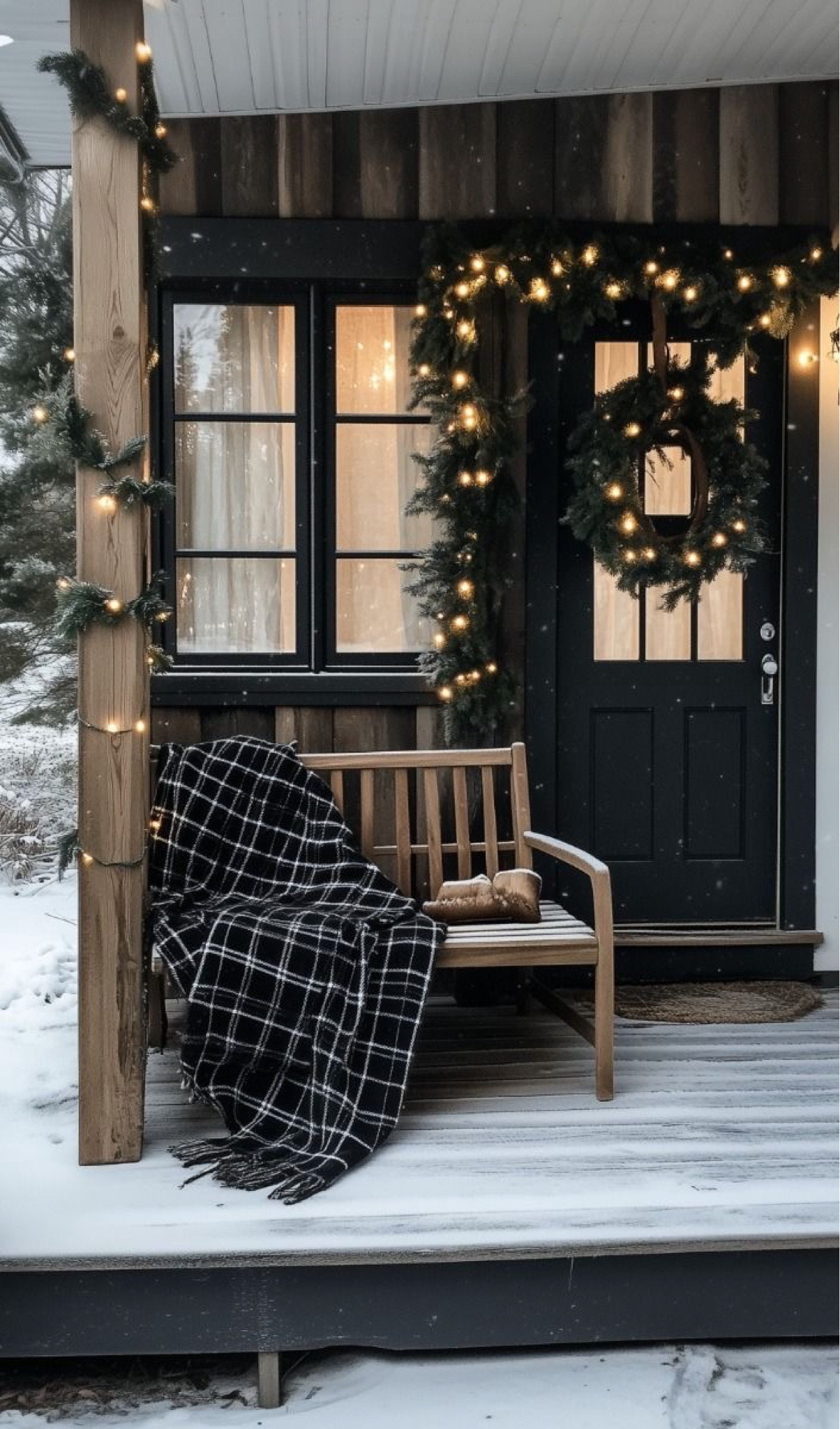 Cozy Christmas cottage decor ideas. Christmas porch decor, modern cottage Christmas decorations. Black plaid blanket on wood outdoor bench on cottage porch decorated for Christmas Holidays. Holiday porch ideas, Christmas garland, Christmas front door bench. 

#LTKHome #LTKSeasonal #LTKHoliday