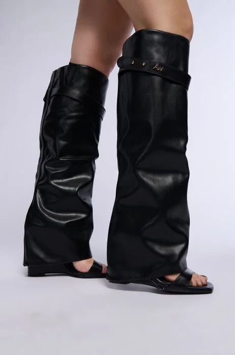 AZALEA WANG MARIETTA FOLD OVER OPEN TOE SANDAL BOOT IN BLACK | AKIRA