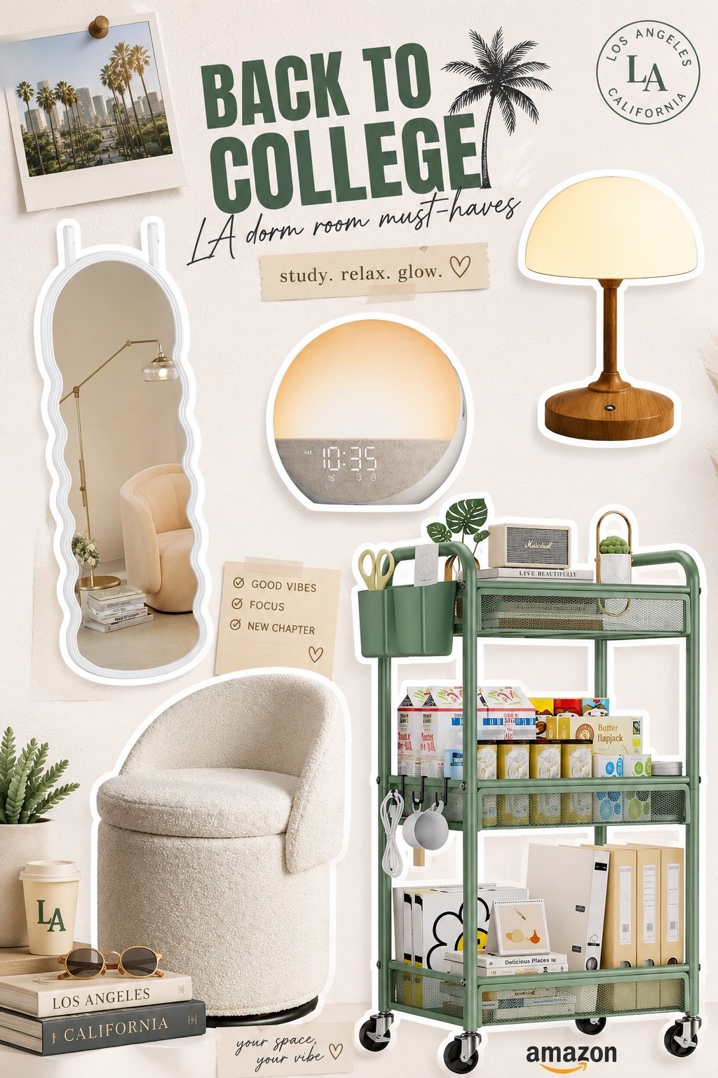 Back to college season is here! 🎓✨ Create a cozy, organized dorm room with these Amazon college essentials—from space-saving storage and comfortable seating to modern lighting, mirrors, and smart alarm clocks. These stylish dorm room finds are perfect for studying, relaxing, and bringing an effortless Los Angeles vibe to your new space.