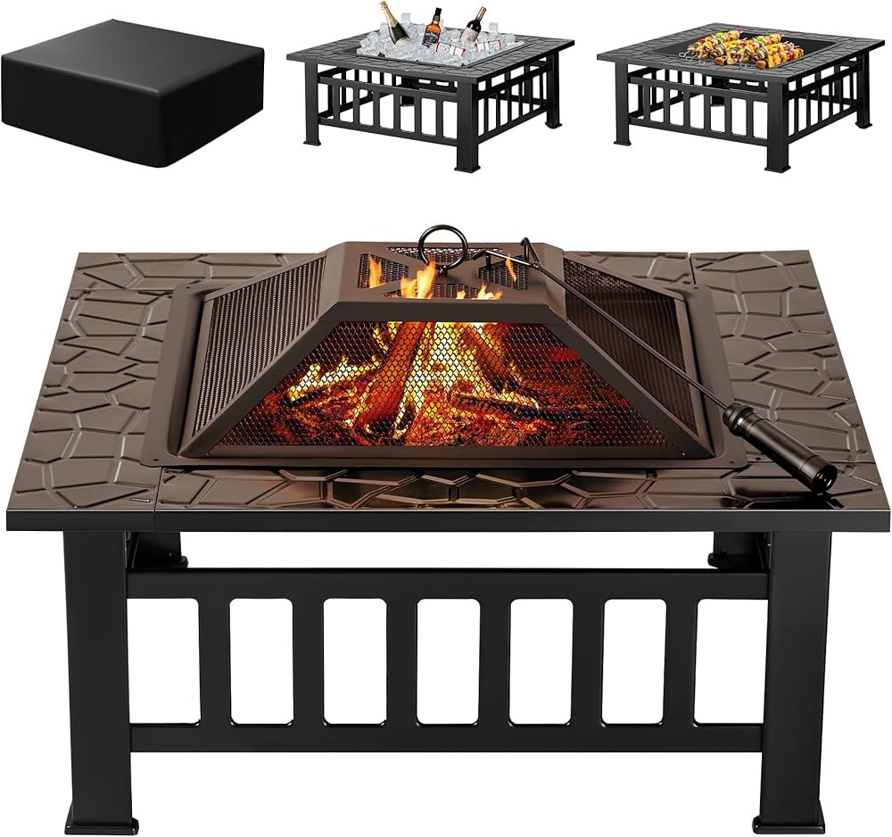 Devoko Outdoor Fire Pit, 32 Inch Firepit Table Metal Outdoor Fireplaces with Waterproof Cover for Outside Patio Camping (Black) | Amazon (US)
